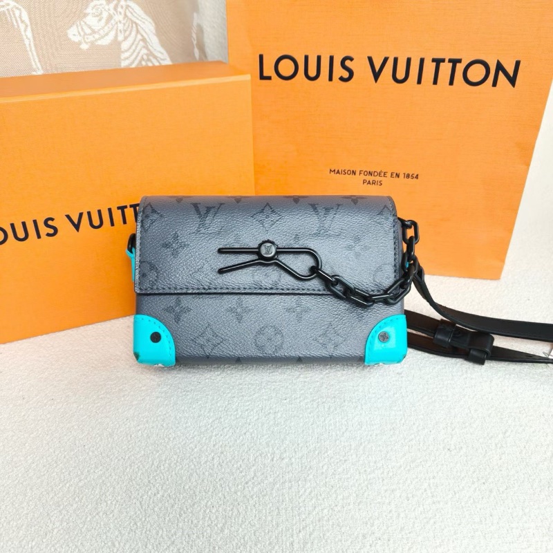 LV Steamer盒子包灰色 老花拼藍色 芯片款 17.5*11*6 98新配件盒子 塵袋 購證-6