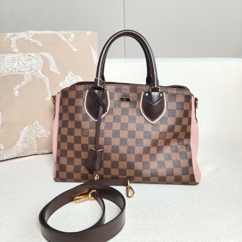 LV Normandy諾曼底棋盤格手提斜背包 棕棋盤格拼粉色  33*23*17 98新配件肩帶 鑰匙鎖 塵袋-1