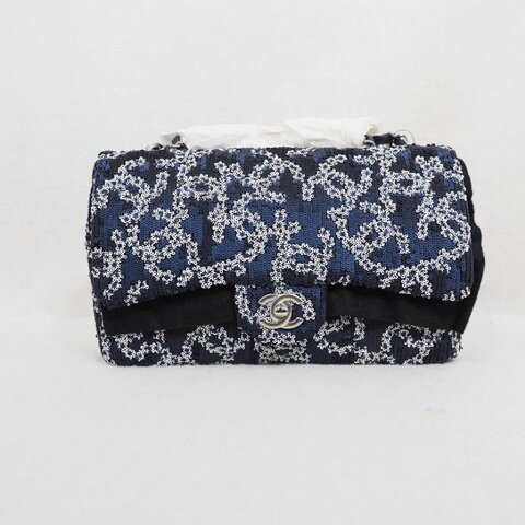 限量版稀有款！Chanel 19P CF25 Classic flap sequin 深藍色白色珠片翻蓋包