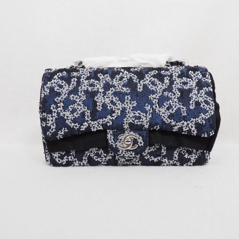 限量版稀有款!Chanel 19P CF25 Classic flap sequin 深藍色白色珠片翻蓋包-0