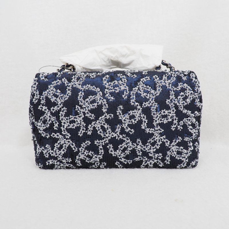 限量版稀有款!Chanel 19P CF25 Classic flap sequin 深藍色白色珠片翻蓋包-2