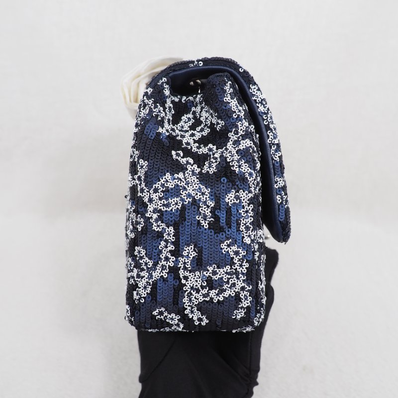 限量版稀有款!Chanel 19P CF25 Classic flap sequin 深藍色白色珠片翻蓋包-3