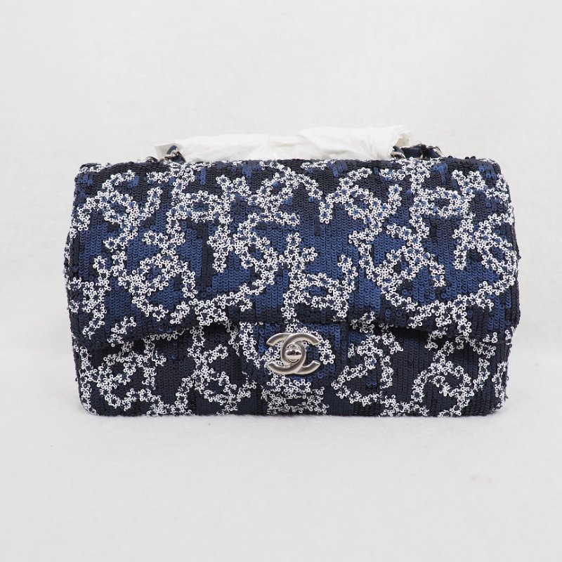 限量版稀有款!Chanel 19P CF25 Classic flap sequin 深藍色白色珠片翻蓋包-7