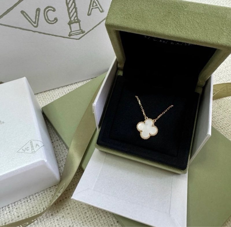 有保卡!VCA 白貝母中花18k金項鍊 Vintage Alhambra-2