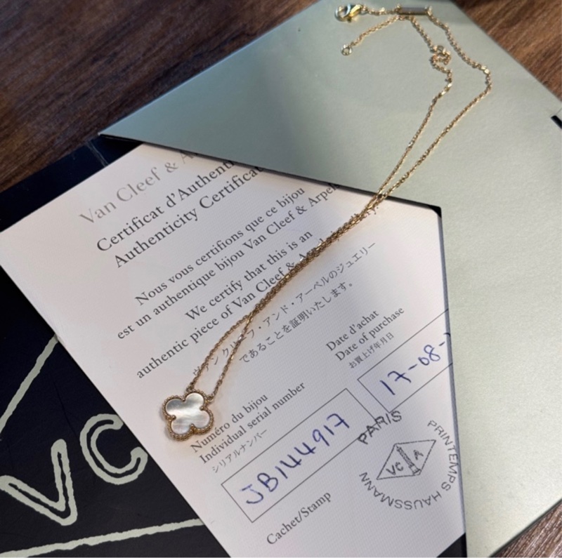 有保卡!VCA 白貝母中花18k金項鍊 Vintage Alhambra-4