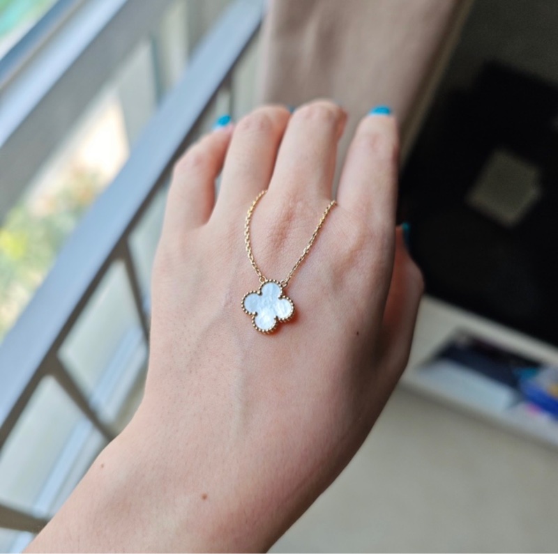 有保卡!VCA 白貝母中花18k金項鍊 Vintage Alhambra-6