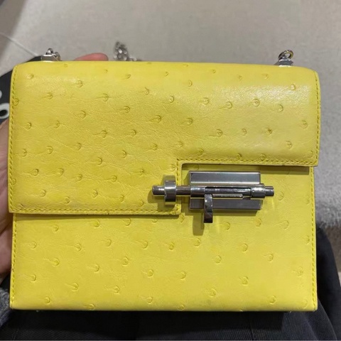 Hermes 愛馬仕 mini verrou 手槍包 金扣 檸檬黃鴕鳥皮 U刻
