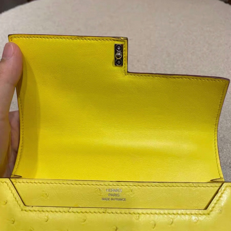 Hermes 愛馬仕 mini verrou 手槍包 金扣 檸檬黃鴕鳥皮 U刻-8