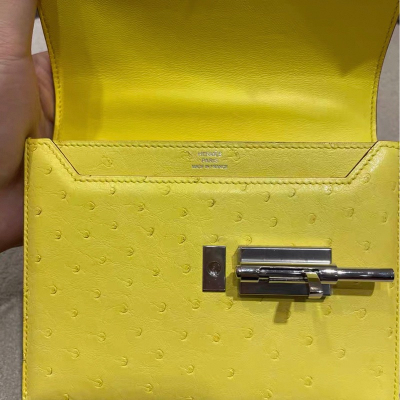 Hermes 愛馬仕 mini verrou 手槍包 金扣 檸檬黃鴕鳥皮 U刻-12