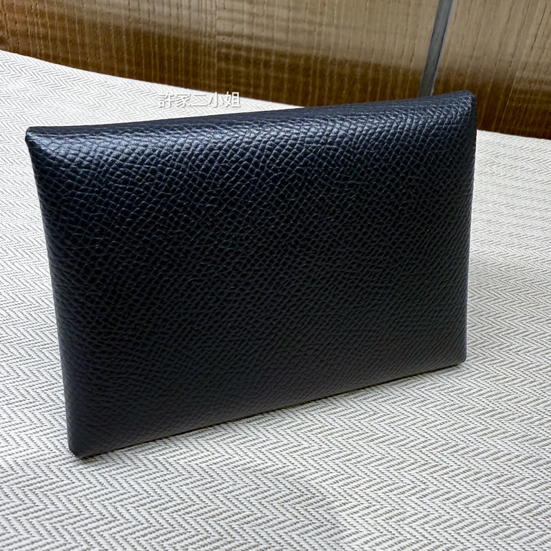 Hermes 98新 二手閒置Calvi Duo 午夜藍雙層釦式零錢卡包-1