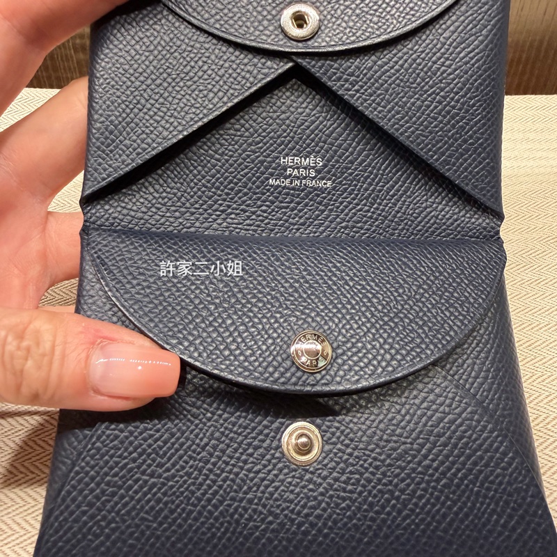 Hermes 98新 二手閒置Calvi Duo 午夜藍雙層釦式零錢卡包-2