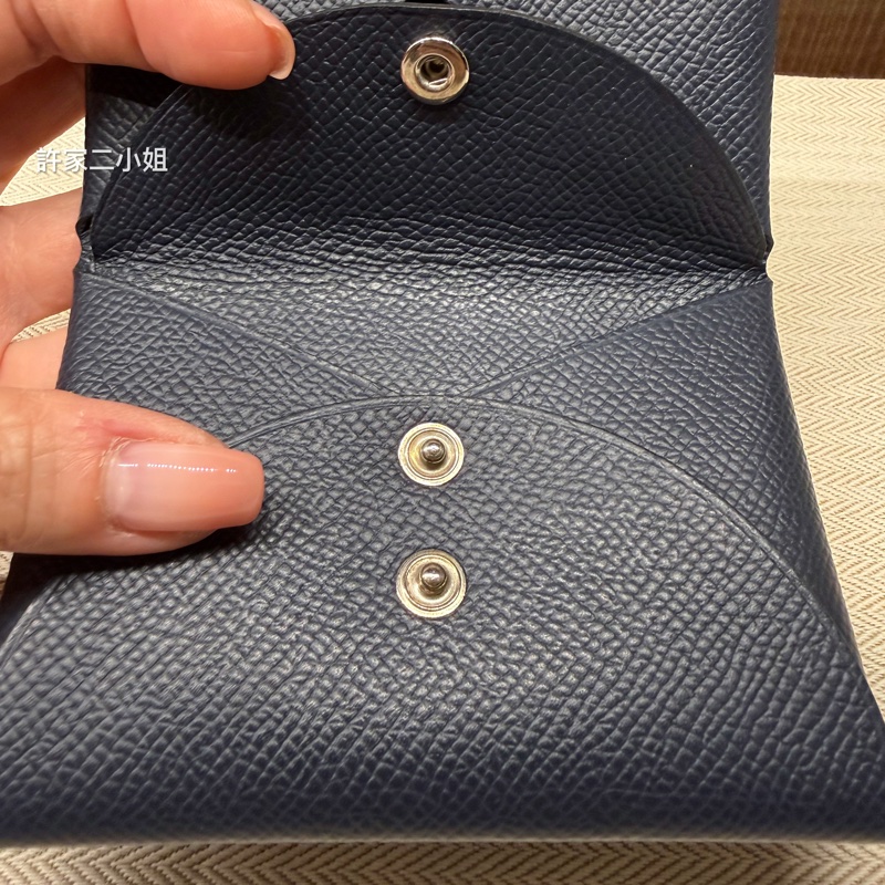Hermes 98新 二手閒置Calvi Duo 午夜藍雙層釦式零錢卡包-4