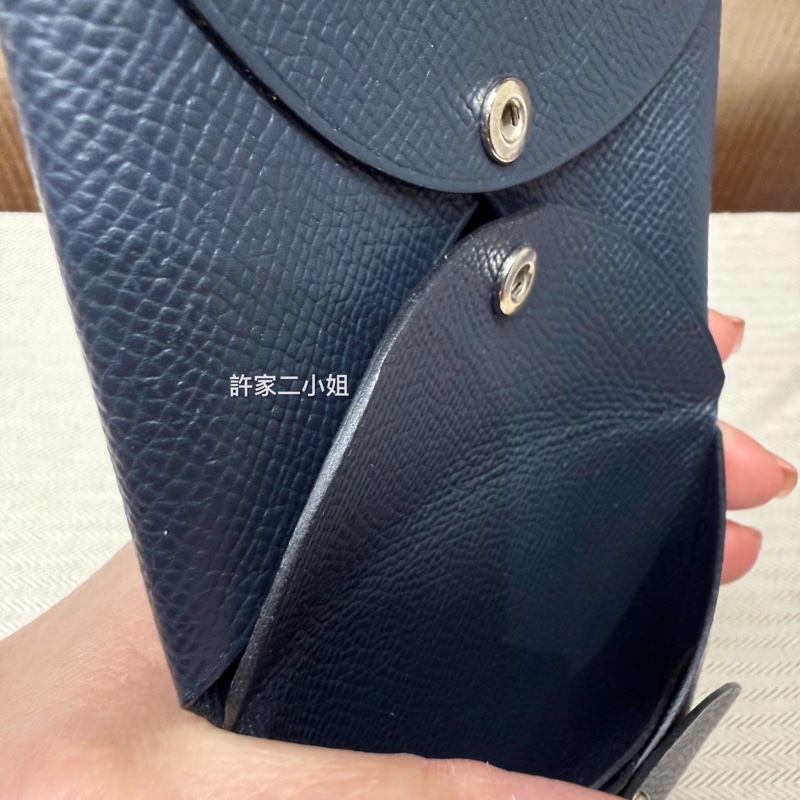 Hermes 98新 二手閒置Calvi Duo 午夜藍雙層釦式零錢卡包-11