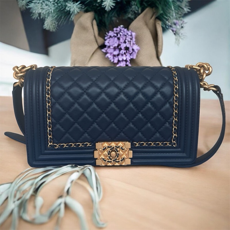 CHANEL 香奈兒 藍色 羊皮 菱格 25公分boy鍊包/肩背包/斜背包-0