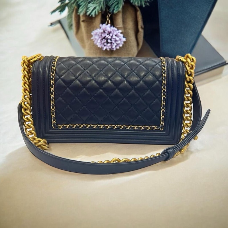 CHANEL 香奈兒 藍色 羊皮 菱格 25公分boy鍊包/肩背包/斜背包-1