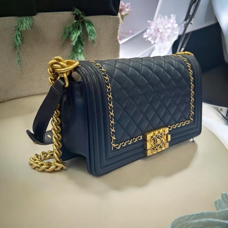 CHANEL 香奈兒 藍色 羊皮 菱格 25公分boy鍊包/肩背包/斜背包-2