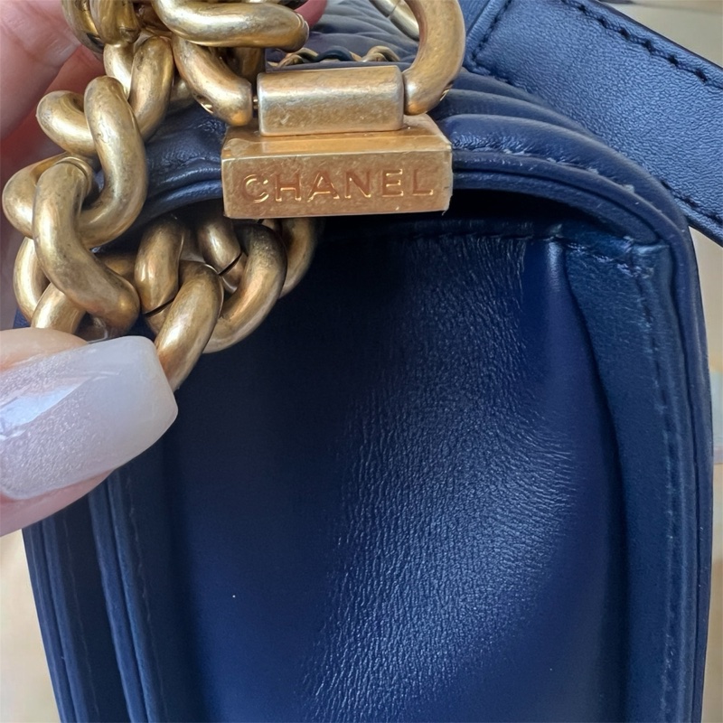 CHANEL 香奈兒 藍色 羊皮 菱格 25公分boy鍊包/肩背包/斜背包-11