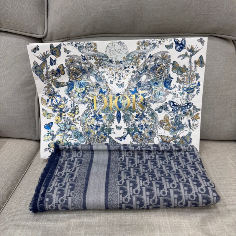 Dior Oblique 牛仔藍色喀什米爾羊毛混紡大方型披巾/圍巾-0