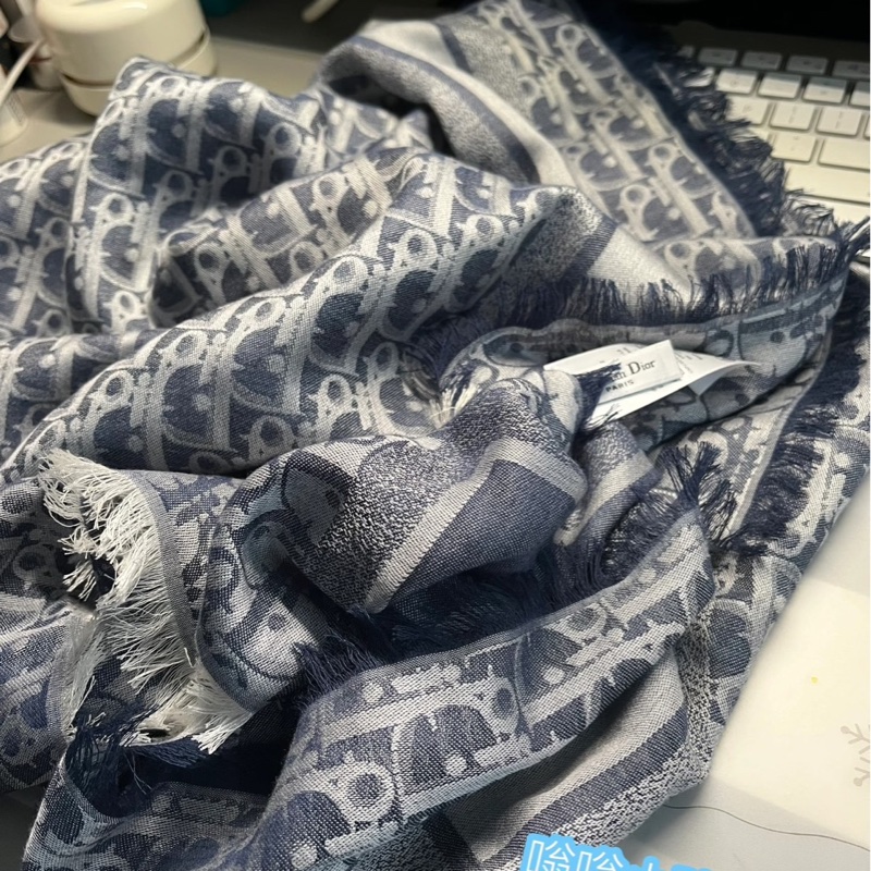 Dior Oblique 牛仔藍色喀什米爾羊毛混紡大方型披巾/圍巾-5