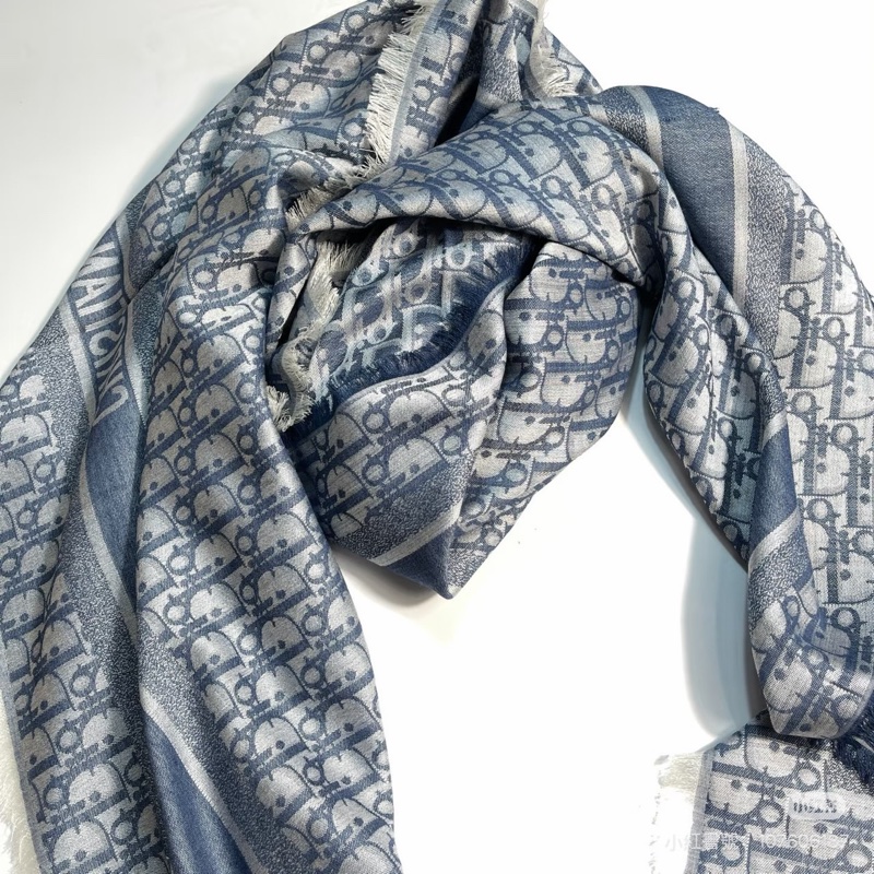 Dior Oblique 牛仔藍色喀什米爾羊毛混紡大方型披巾/圍巾-6