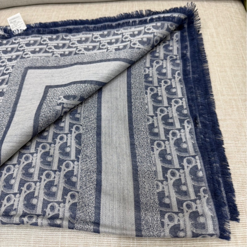 Dior Oblique 牛仔藍色喀什米爾羊毛混紡大方型披巾/圍巾-8