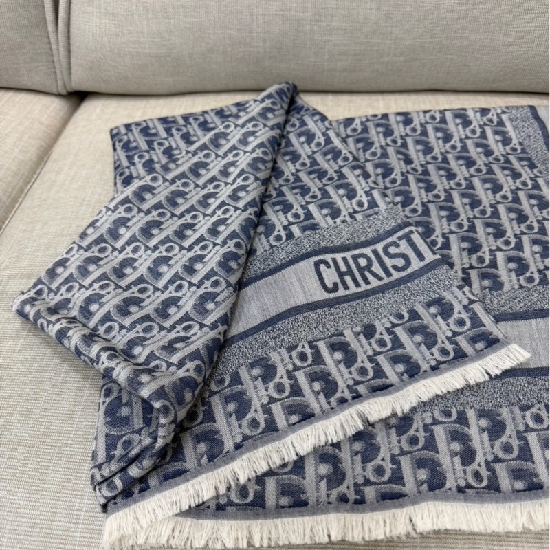 Dior Oblique 牛仔藍色喀什米爾羊毛混紡大方型披巾/圍巾-10