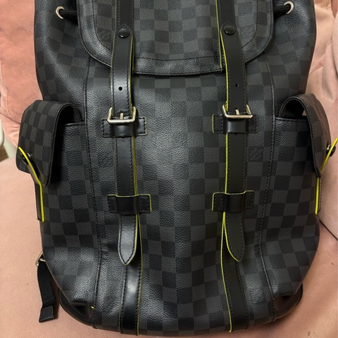 LV Christopher PM Damier Graphite Backpack 螢光綠邊男士後背包