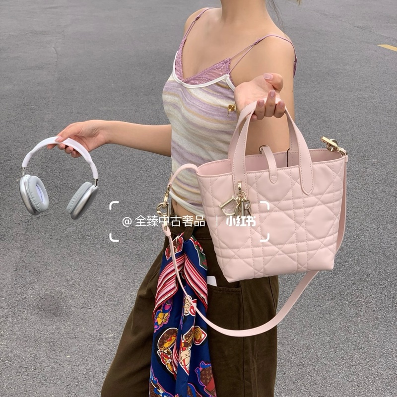Dior 迪奧砂岩粉小牛皮 Toujours直式小型托特包 藤格紋手提斜背包 M2835OSNW-1