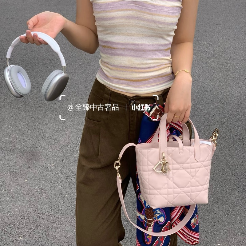 Dior 迪奧砂岩粉小牛皮 Toujours直式小型托特包 藤格紋手提斜背包 M2835OSNW-2