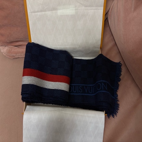 Louis Vuitton LV Damier 羊毛圍巾 深藍棋盤格 男款圍巾 義大利製 附盒