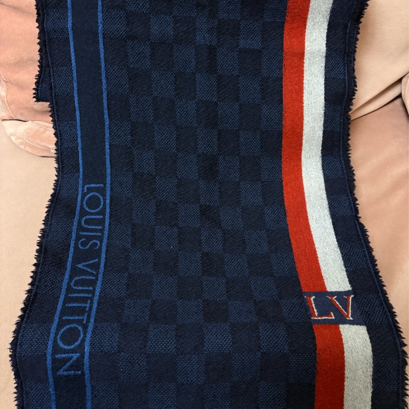 Louis Vuitton LV Damier 羊毛圍巾 深藍棋盤格 男款圍巾 義大利製 附盒-5