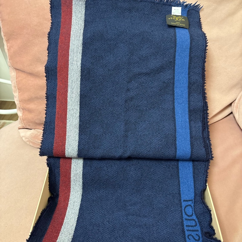Louis Vuitton LV Damier 羊毛圍巾 深藍棋盤格 男款圍巾 義大利製 附盒-6