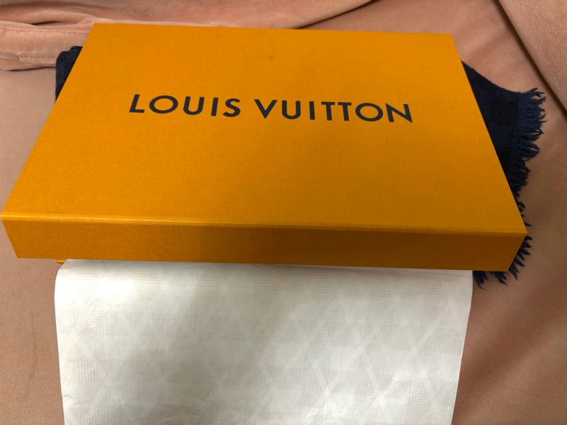 Louis Vuitton LV Damier 羊毛圍巾 深藍棋盤格 男款圍巾 義大利製 附盒-8