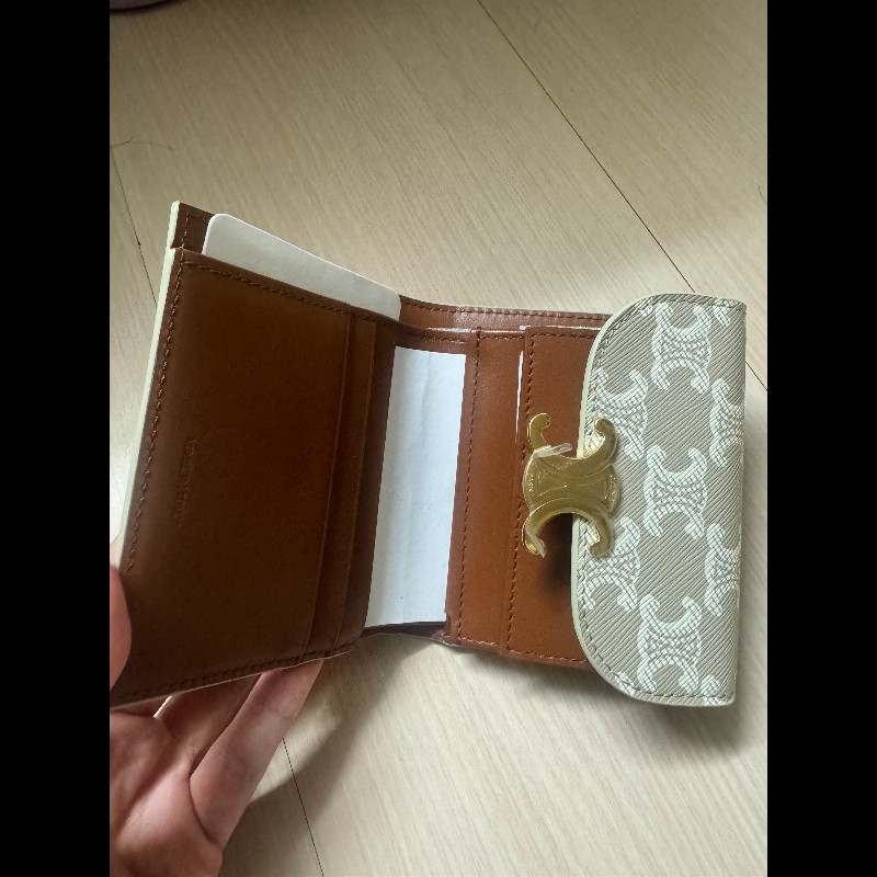 Celine 凱旋門 金扣 短夾 白色老花 焦糖 全新 義大利購入-2