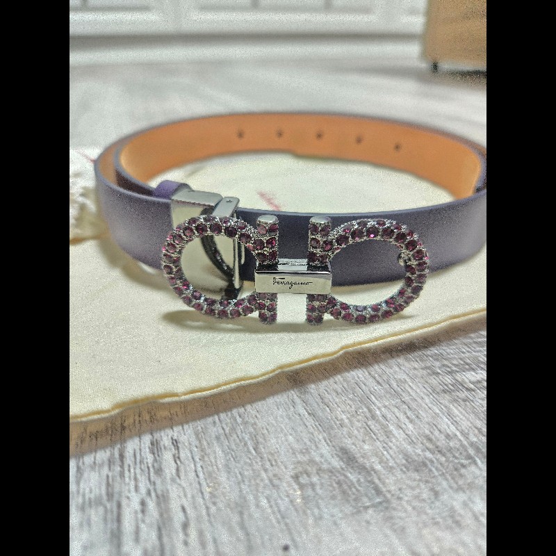 (全新閒置品)Ferragamo LOGO紫色皮帶-0