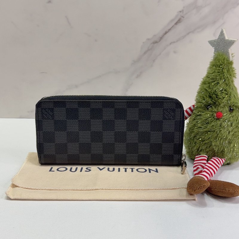 LV 黑灰棋盤格直式拉鏈長夾-1