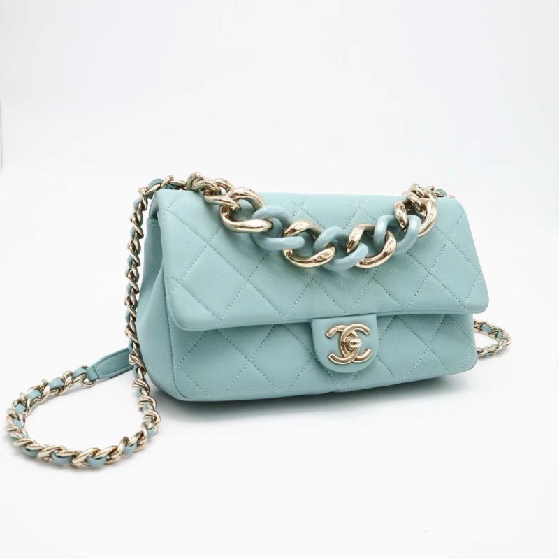 Chanel 大mini 鏈條包 Tiffany藍淡金扣24X16X6cm 98新配件塵袋 保卡-4