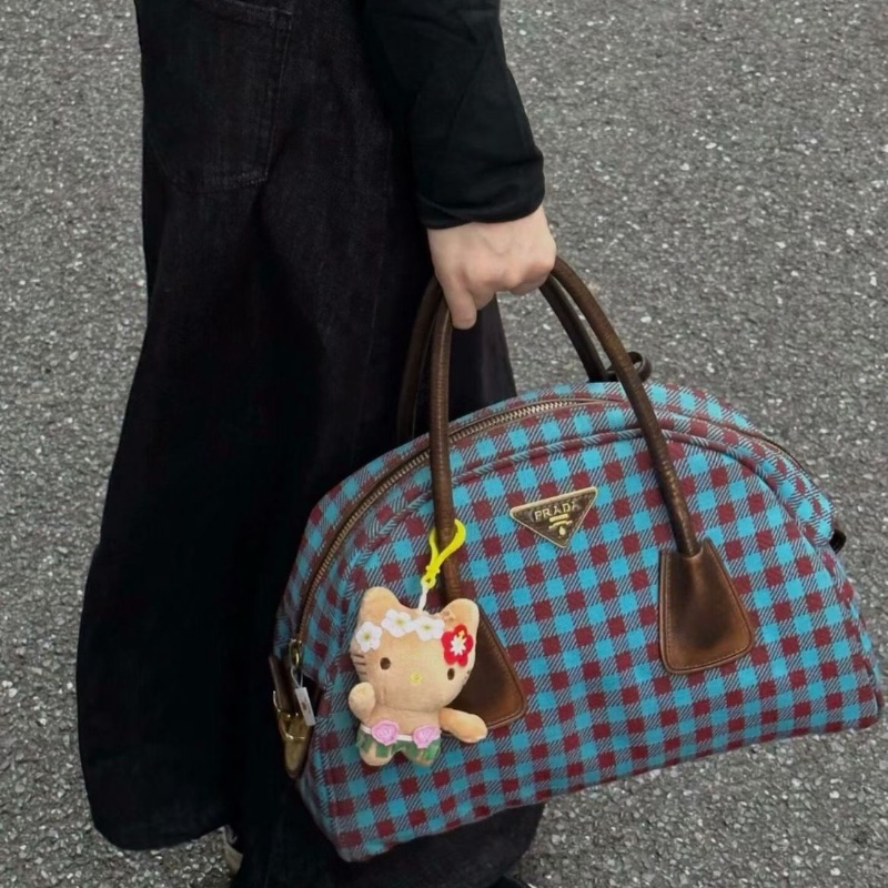Prada 藍紅格紋保齡球包 小號31×15×24 98新配件塵袋-1