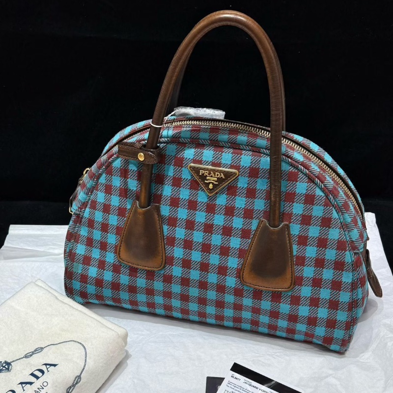 Prada 藍紅格紋保齡球包 小號31×15×24 98新配件塵袋-2