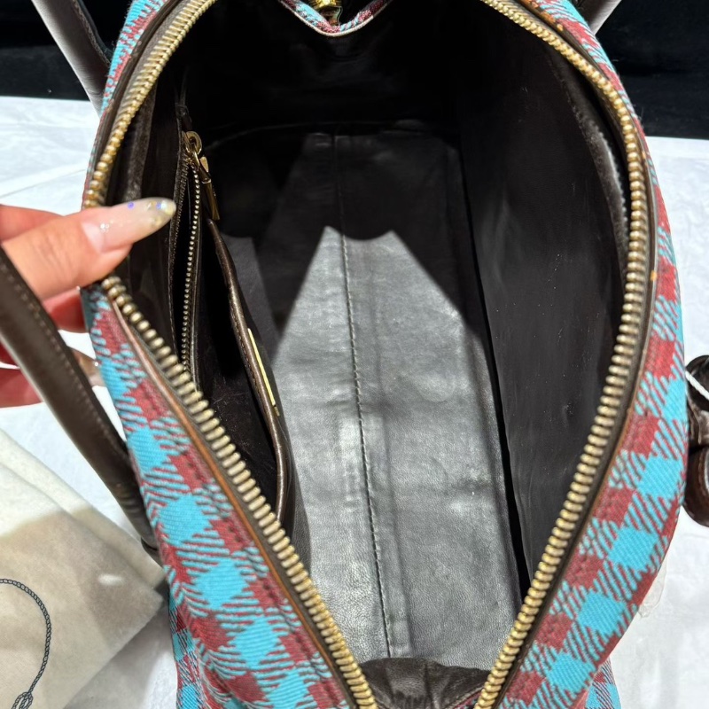 Prada 藍紅格紋保齡球包 小號31×15×24 98新配件塵袋-3