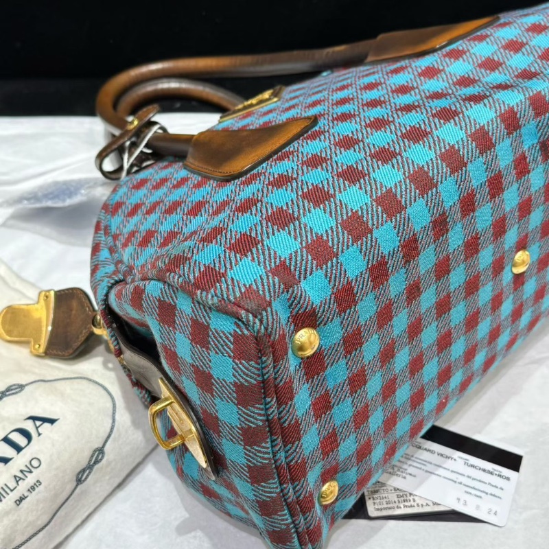 Prada 藍紅格紋保齡球包 小號31×15×24 98新配件塵袋-4