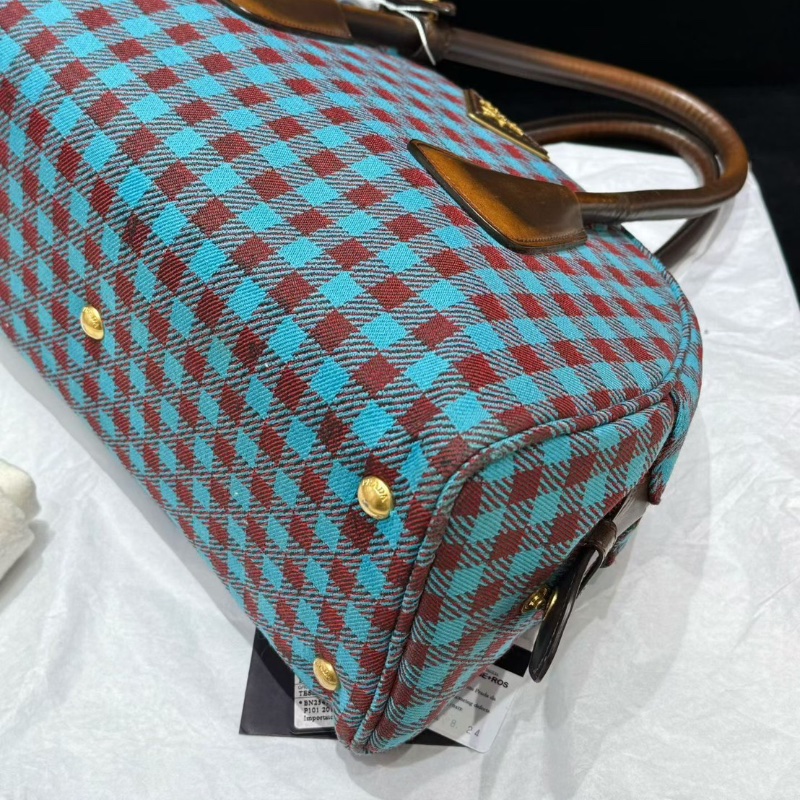 Prada 藍紅格紋保齡球包 小號31×15×24 98新配件塵袋-6