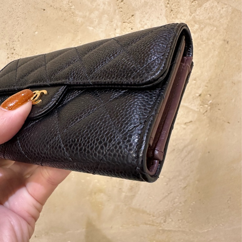 Chanel 黑荔枝牛皮菱格金釦5卡三折中夾 AP0232-4