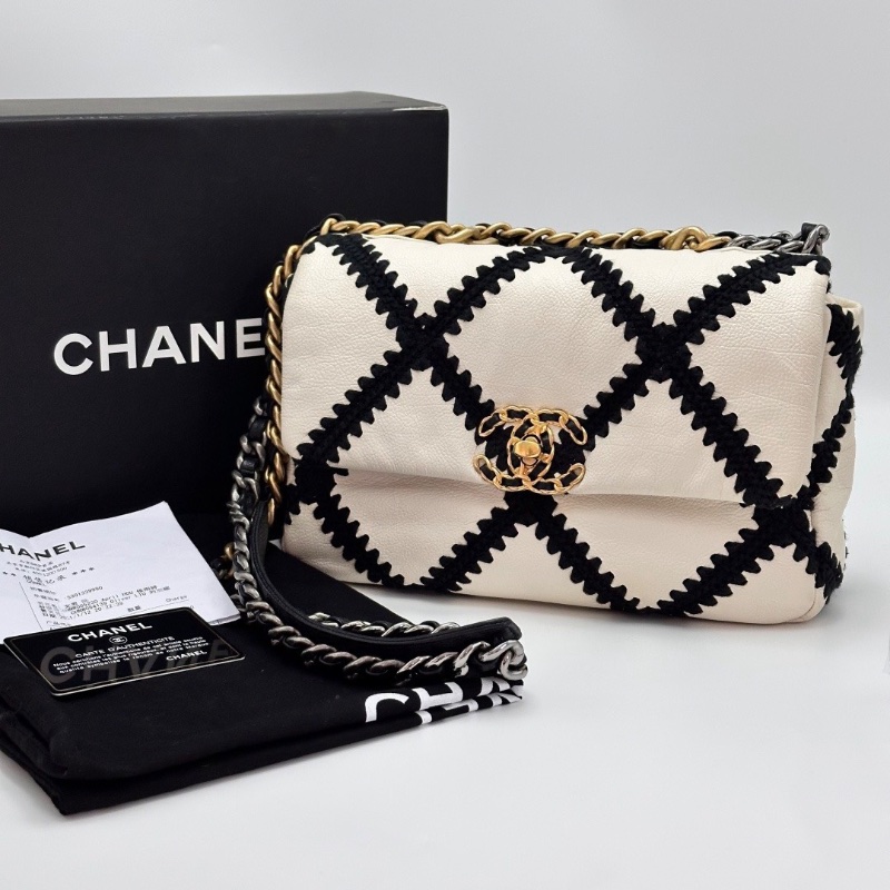 CHANEL黑白編織牛皮金扣小號19bag手提肩背包26*16*8 98新配件盒子 塵袋 保卡 購證-1