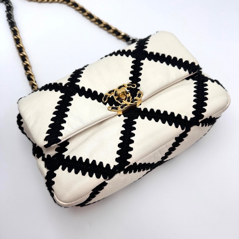 CHANEL黑白編織牛皮金扣小號19bag手提肩背包26*16*8 98新配件盒子 塵袋 保卡 購證-2