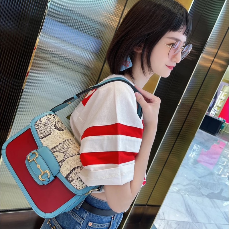 GUCCI 拼色蛇皮1955肩背斜背包25.5*18*7 99新配件塵袋-0