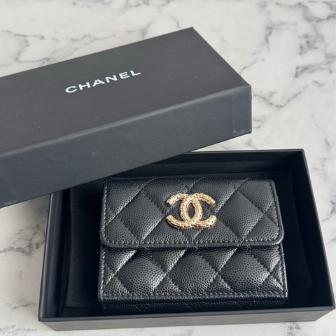 Chanel黑荔枝銀蛇鏈雙C雙層釦式短夾