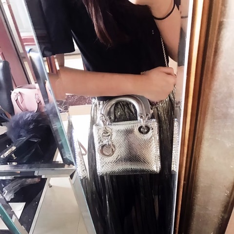 DIOR 銀色鏡面蛇皮三格黛妃手提肩背包17*15*7 98新配件塵袋 保卡