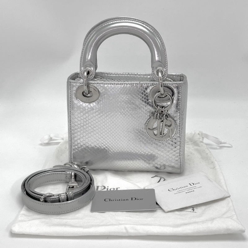 DIOR 銀色鏡面蛇皮三格黛妃手提肩背包17*15*7 98新配件塵袋 保卡-1