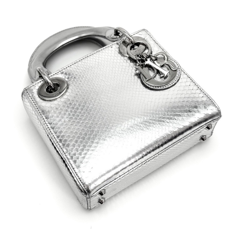 DIOR 銀色鏡面蛇皮三格黛妃手提肩背包17*15*7 98新配件塵袋 保卡-2